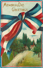 c1910 Memorial Day Greetings - Red/White/Blue Ribbon Postcard picture