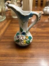 Small Bisque Porcelain Pitcher Raised Flowers Blue Hand painted picture