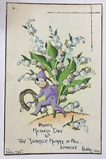 Postcard Happy Mothers Day Applique Child Elf Purple Pj's Horseshoe c1945 Paris picture