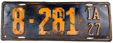Vintage Iowa 1927 Old License Plate Tag County 8 Car Man Cave Decor Collector picture