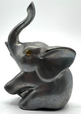 Pewter Baby Elephant Brass Eyes Sitting Trunk Up Good Luck 3.5” Figurine Unique picture