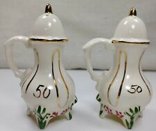 Vintage 50 Tea Pot Hand Painted Porcelain Cream Gold Salt And Pepper Shaker Set picture