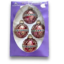 Vintage Holiday Time Christmas Ball Ornaments Red Blown Glass Glitter 4 Pk USA picture