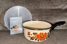 Vintage 1970s Moneta 18 Enamel Pot with Lid, Orange & Brown Floral Made in Italy picture