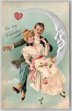 1910 VALENTINE SILVER CRESCENT MAN IN THE MOON ROMANTIC COUPLE EMBOSSED POSTCARD picture
