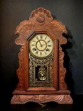 1890's - ANSONIA - Gingerbread Dark Wood Mantel Clock 22.5