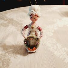 Vintage Wooden Lady Holding Bottle Brush Wreath Christmas Ornament picture
