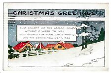 CHRISTMAS Greetings Snow Village Poem Postcard House Scene Antique Posted C 1925 picture