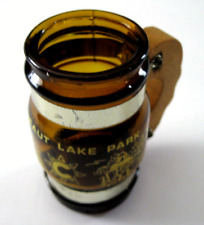 vtg Conneaut Lake Park PA Small Barrel Mug Amber Glass w/Wood Handle fairyland picture