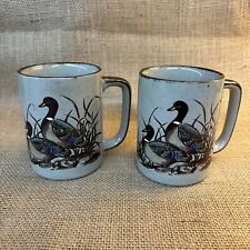 Vintage Otagiri Mallard Ducks Handpainted Embossed Stoneware Coffee Cups Japan picture