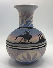 Navajo Native American Art  Pottery Vase Vessel Signed Indian Horse Trees picture