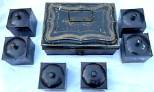 Antique Victorian Toleware Paint Decorated TIN SPICE BOX 6 Round Metal Canisters picture