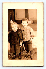 Vintage Sepia Photo Post Card Small Boy and Girl 5.5x3.5 inches  picture