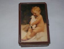 Vintage Bessie Pease Gutmann Baby with Puppy Mirror and Glass Brass Trinket Box picture