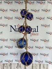 6 Glass Cobalt Blue Fishing Floats On Rope - Fish Net Buoy Ball - Nautical Beach picture