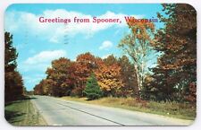 Greetings From Spooner Wisconsin Vintage Washburn County WI Chrome 1955 Postcard picture