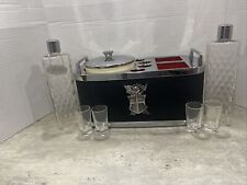 Vintage Musical Leather Bar Caddy Decanters Ice Bucket Shot Glasses with Crest picture