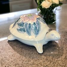Hand-Painted Turtle Trinket Box Floral Vintage Ceramic Smiling Cheery Unmarked picture