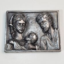 Vintage Peltro Cesellato Mano Miniature Small 3D Pewter Plaque Holy Family Italy picture