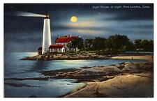 Vintage Lighthouse at Night, New London, CT Postcard picture