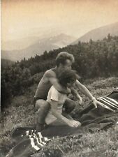 1980s Affectionate Man Trunks Bulge Pretty Woman Sweet Hugs in mountains Photo picture