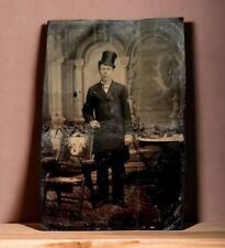 TinType Civil War Photo Era Man in Top Hat Suit Coat Original 1800s Studio Photo picture