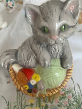 Vintage Ceramic Grey Sitting Cat in Basket figurine w/Buttons and Wool picture