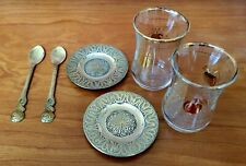Vintage Turkish Solid Brass Tea Set w/ Glasses Spoons Saucers Etched Unpolished picture