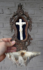 Antique  large Napoleon III wood  Shell Holy water font plaque crucifix rare picture