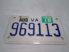 2018 Virginia MOTORCYCLE License Plate 969113 Blue White August picture