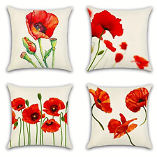 4pcs Rustic Pastoral Red Poppies Floral Flower Print Throw Pillow Covers 18