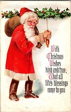 Santa Claus with Pack, With Christmas Wishes Kind and True c1916 Postcard L70 picture