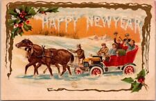 New Year Horses Pulling Car Auto Snow Icicles Gold Embossed c1910s postcard JP12 picture