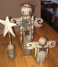 2 Rustic Primitive Angel Wood Figurines And Star Adorable picture
