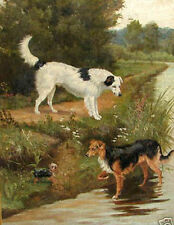 Beautiful Oil painting two dogs playing by the river with puppy in landscape picture