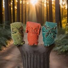 Set of 3 Ceramic Owls Showing Hear See Speak No Evil Orange Green & Blue 6” Tall picture