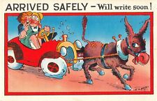 Donkey Pulling Couple in Car With Flat Tire-Comic Old Linen PC-BL White-Arrived picture