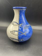 Artesia Hand Painted Blue White Fish Small Vase approx 4.5 inches tall picture