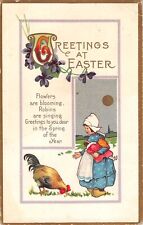 1915 Stecher Easter PC of Little Dutch Girl With Doll Feeding Chicken-Series 79C picture