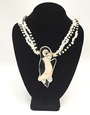 Inlaid Mother Of Pearl Penguin Pendant Necklace 3 Strand Beads picture