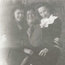 Vintage Snapshot Photo 1940s WWII Era Man In Uniform Two Women Sitting On Lap picture