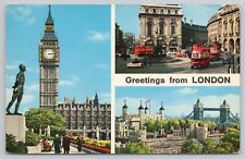 London England UK, Greetings, Big Ben Red Double Decker Buses, Vintage Postcard picture