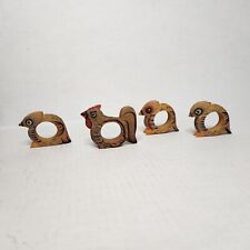Handpainted Wooden Birds & Chicken Rooster Napkin Rings Set Of 4 Vintage Folk picture
