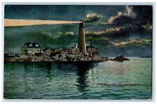 Boston Harbor Massachusetts MA Postcard Boston Light Lighthouse Moon Scene c1910 picture