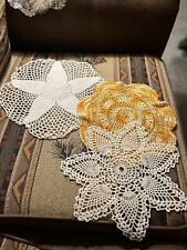 Three Vintage Crocheted Doilies Star White And Yellows picture