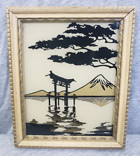 Vintage Small Torii Gate in Lake Mt. Fuji Landscape Silhouette Art w/ Frame picture