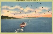 Postcard NY Greetings from Kauneonga Lake Boat & Seagulls 1942 Vintage PC b4519 picture