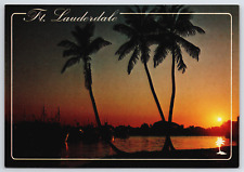 Fort Lauderdale FL-Florida, Sunset Palm Trees Waterway, Bahia Mar, Postcard picture