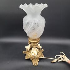 Rare 1920s Vintage 3 Cherub Brass Lamp Ornate Ornate Ruffeled Etched Shade Spain picture