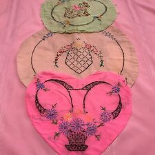 3 Vintage Embroidered Pillow Covers  -  40's Style Heart, Round, Kitten, Flowers picture